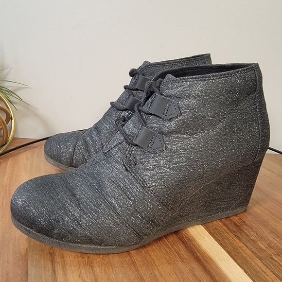Toms Kala Black Sparkle Lace Up Wedge Booties Size 8 - Picture 8 of 15
